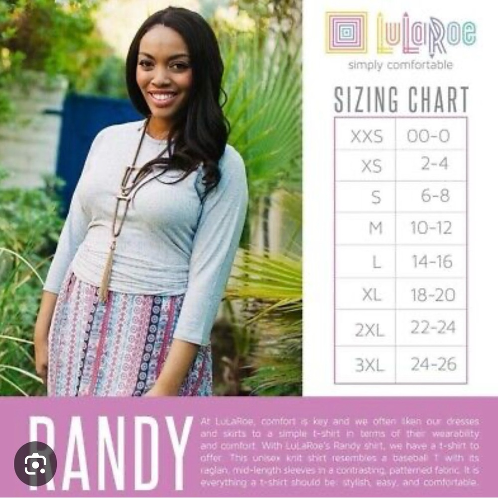 LuLaRoe Randy Tee Grey Body with Blue and Pink Printed Sleeve - Picture 2 of 8